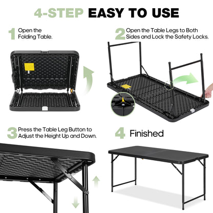 GlowitLian 4ft Folding Table with Adjustable Height, 3-Level Foldable Table with HDPE Top & Steel Legs, Portable 4 Foot Folding Table for Picnic, Party, Craft, Indoor Outdoor Use, Black