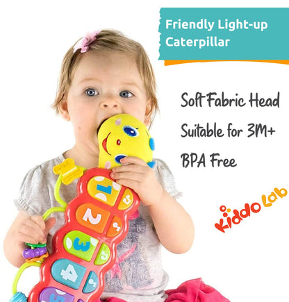KiddoLab Lira Baby Musical Toy with Lights & Music – Interactive Caterpillar Spinner & Stacking Rings for Infants 3+ Months – Soft Stuffed Animal Head for Sensory Play