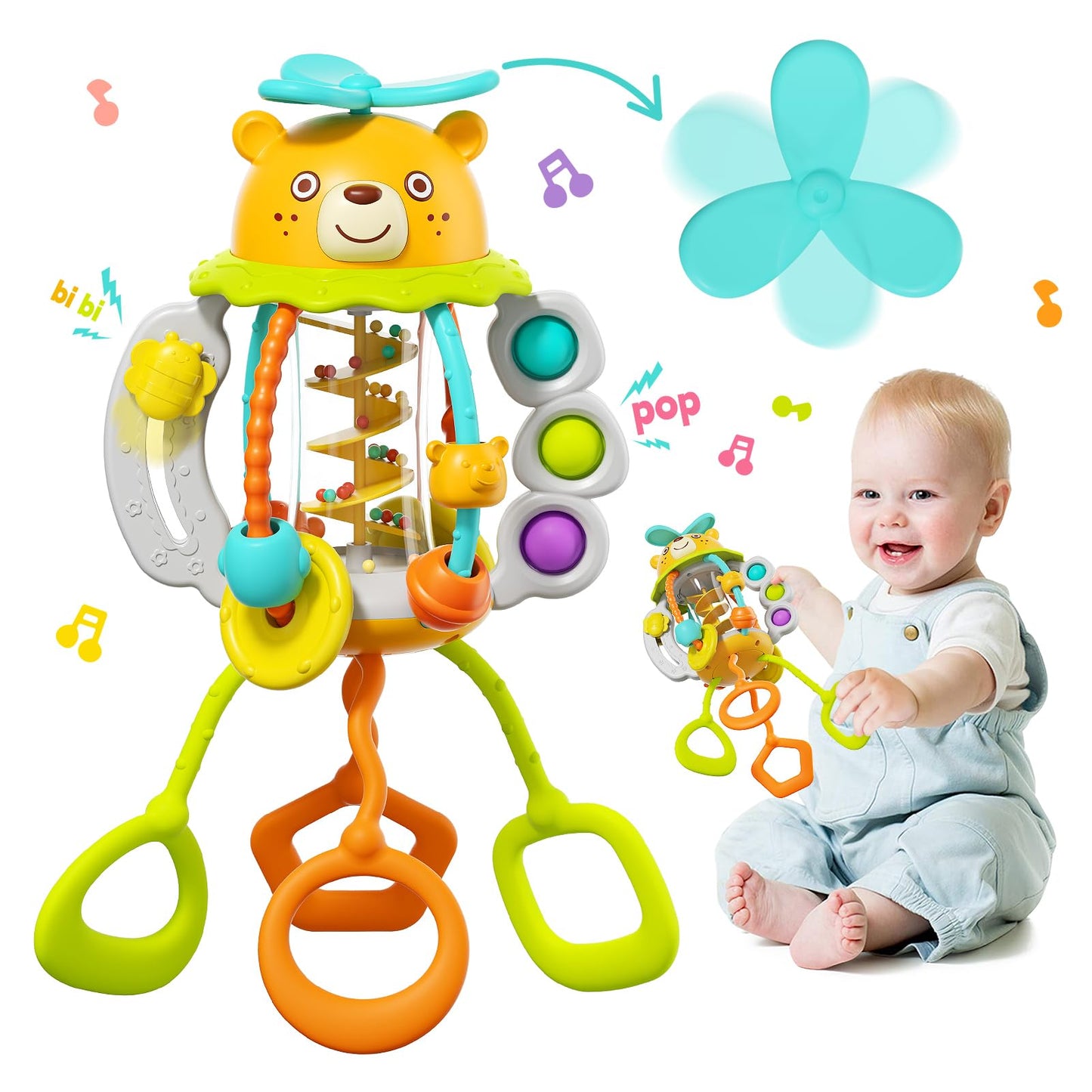 HOLA Montessori Toys for 1 Year Old Boys-Rattle Teething Baby Toys 0-6 & 6-12 Months, Silicone Pull String Sensory Toys for 1 Year Old Girl Gifts Christmas Stocking Stuffers
