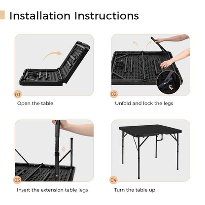 pollilar 34" Folding Card Table Square Foldable Table Plastic Portable with Detachable Legs, Dual Height Adjustable, Heavy-Duty Indoor Outdoor Dining, Game, Picnic, Mahjong Tables-Black