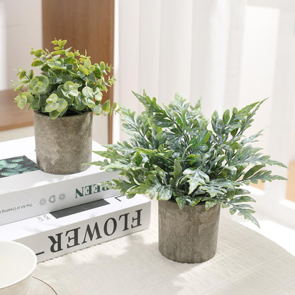 RUIDKUN 3 Pack Mini Potted Fake Plants Artificial Plastic Indoor Eucalyptus Plants for Home, Office, Desk, Bathroom, Coffee Table & Shelf (Green)