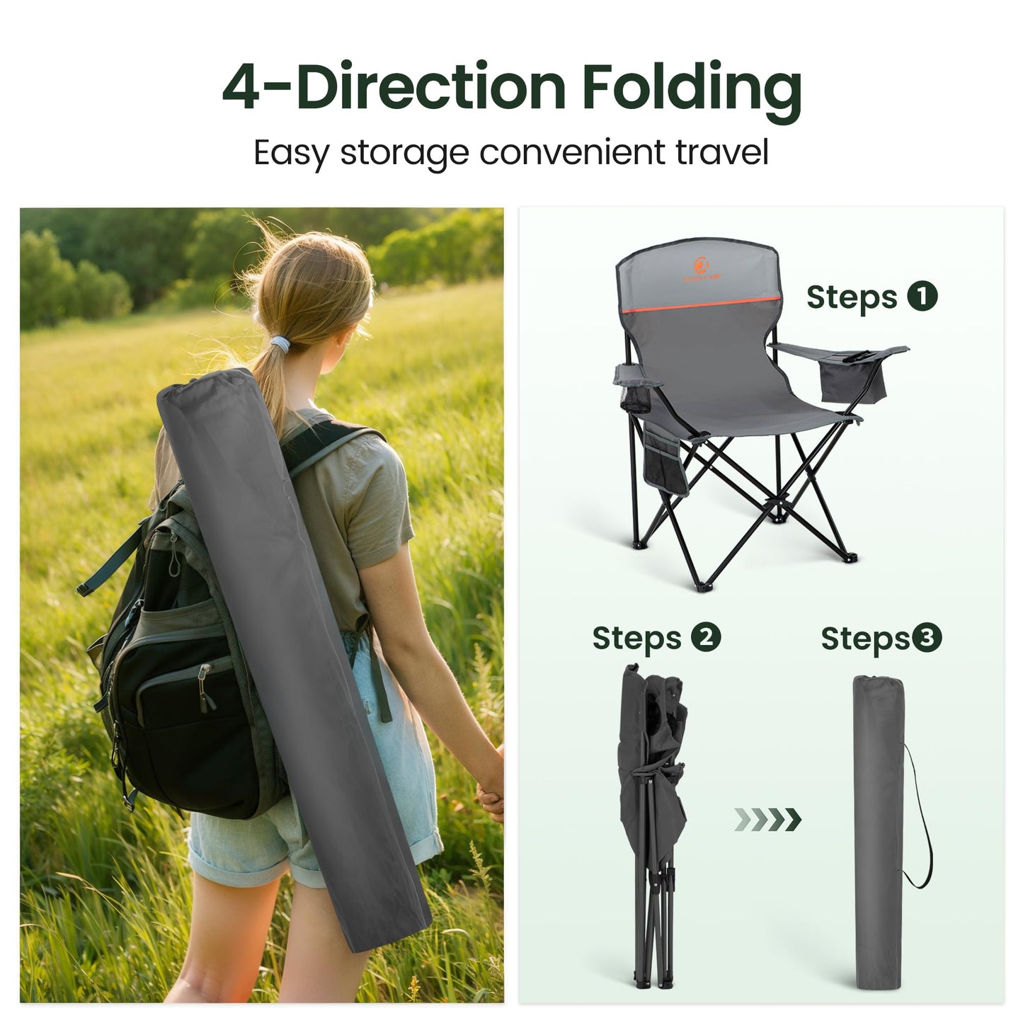 HIGH POINT SPORTS 2 Pack Portable Camping Chair for Adults, Folding Outdoor Camp Chair Lightweight Lawn Chairs Folding Collapsible Chair for Camping, Tailgates, Beach, Gray, Support 350 lbs