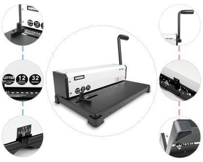 Rayson PT1202 Coil Binding Machine, 3:1 Pitch, 32 Hole Punch for Spiral & Click Binding Spines, Metal Spiral Binder Hole Punch, Punches 12 Sheets at a Time