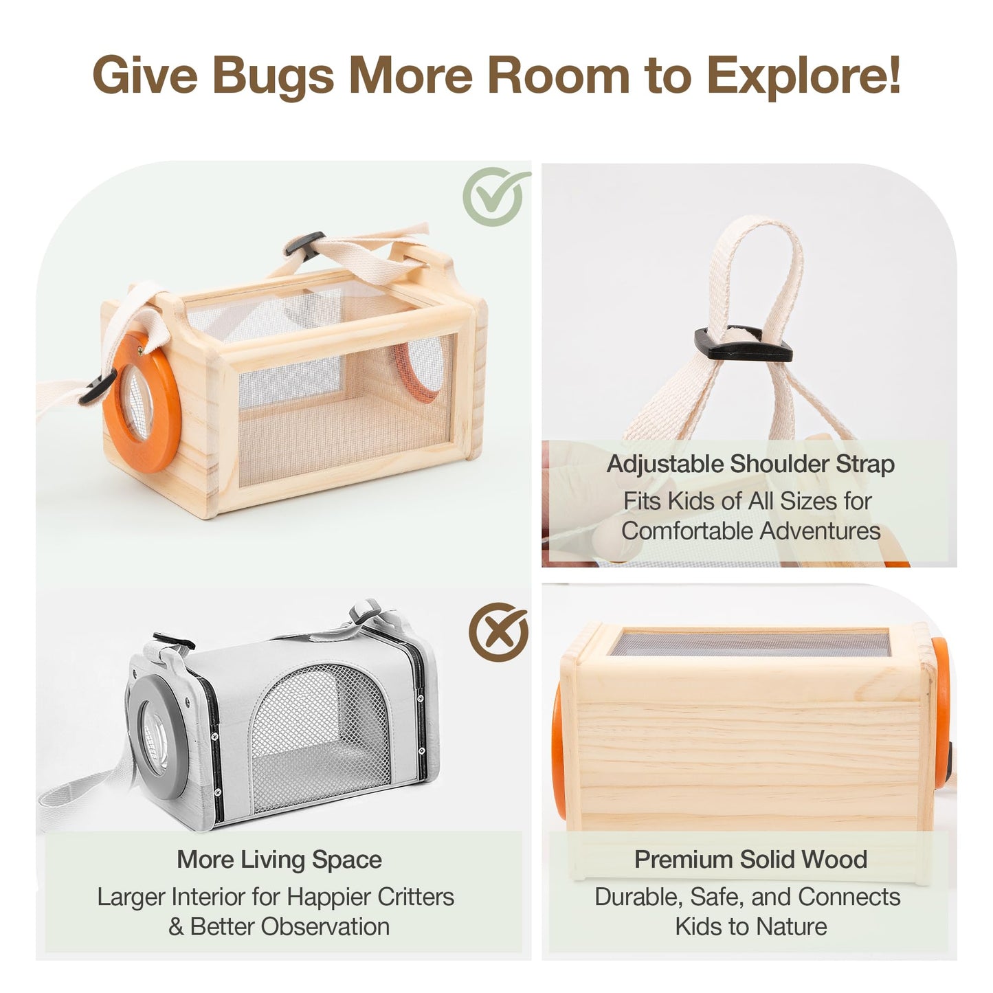 Wooden Bug Catcher Kit for Kids, 16-in-1 Outside Toys for Toddlers STEM Outdoor Explorer Set with 3-Way Observation Habitat, Butterfly Net, Magnifying Glass, Educational Gift for Boys Girls Ages 3-8