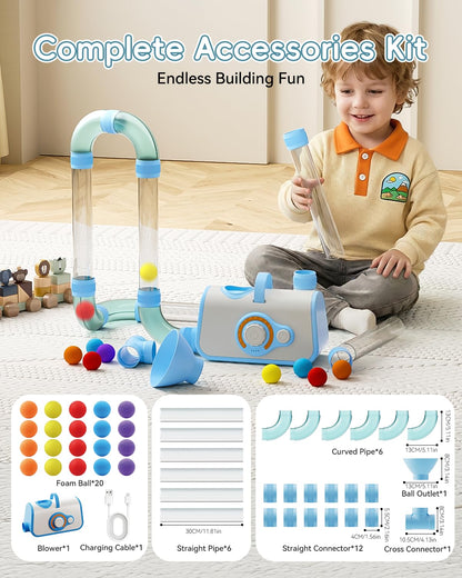 KNMDU Upgraded STEM Toys for Kids Ages 3+, DIY Airflow Building Toys with 20 Foam Balls, Up to 7 Hours Playtime, Learning Toys Gifts for Kids Boys Girls (Blue)