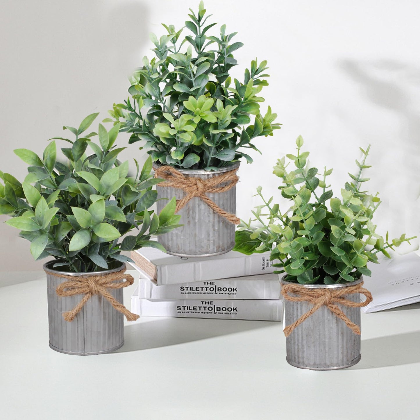 Yoratee Small Artificial Plants Set of 4 Fake Potted Plant with Iron Pot Mini Greenery Decor for Indoor Home Porch Garden Bathroom Décor