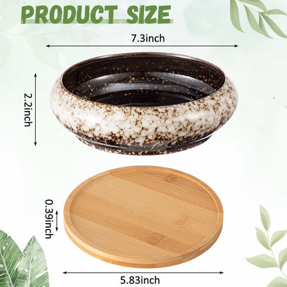 Acellegic 5 Pcs 7.3'' and 4'' Round Large Shallow Succulent Ceramic Planter Pots with Drainage Hole Drip Glazed Shallow Bonsai Pot with Bamboo Tray for Indoor Outdoor Plants Decor Cactus Flower