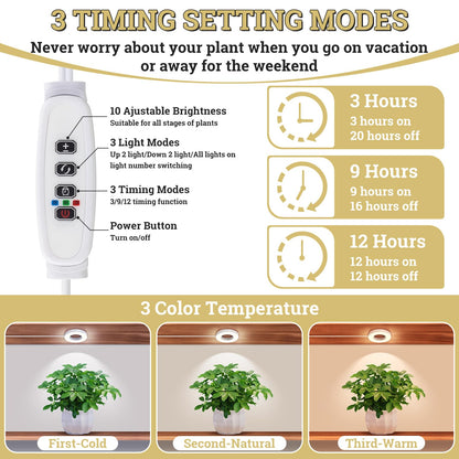 SIYOMG Ceiling Grow Lights for Indoor Plants, 144 LEDs Full Spectrum Halo LED Plant Light, with 3/9/12H Auto Timer Switch, 3 Colors,10 Dimming, Plant Lights for Small Plants, 3 Head