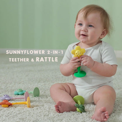 Baby Teething Toys 3-6 Months, Teether and Sensory Rattle for Babies 0-6 Months, Food Grade Silicone Teethers 6-12 Months, Infant Teething Relief Chew Toys, Sunnyflower Teether Toy BPA Free - Purple