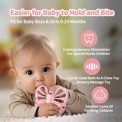 Vibrating Teether for Baby - Chewy Sensory Toy for Teething & Autism, 10-Speed Vibration Modes, USB Rechargeable, Food Grade Silicone Teether for Sensory Seekers(Pink)