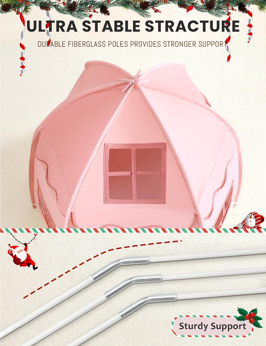 besrey Kids Play Tent, Large Kids Playhouse with 1 Door & 3 Windows, Children's Fort with Star Lights, Indoor & Outdoor Playhouse, Hexagonal Toddler Tent, 61" x31.5" x 51", Pink