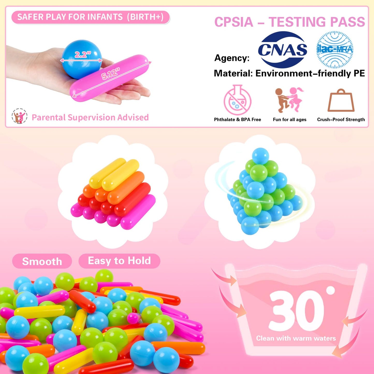 Heopeis Ball Pit Balls and Strips for Ball Pits, 50pcs Cute Plastic Star Toy Balls for Kids, Baby Toddler 1-3 Birthday, Bounce House, Play Tent, Baby Pool Water Toys, Party (Rainbow)