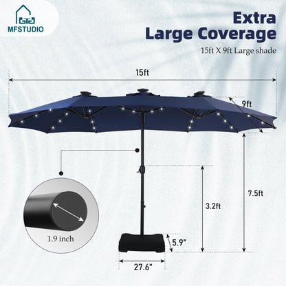MFSTUDIO 15ft Double Sided Patio Umbrella with Solar Lights, Outdoor Large Umbrellas with Crank Handle and 36 LED Lights, Rectangular Market Umbrella with Base Included for Deck Pool Shade, Navy Blue