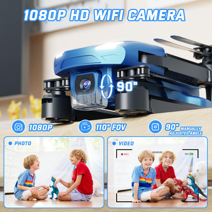 Drone for Kids with 1080P HD Camera - S350 Foldable Mini Drones Toys Christmas Birthday Gifts for Boys Girls, RC Helicopter Quadcopter with Altitude Hold, One Key Start, 3D Flips, 2 Batteries, Blue