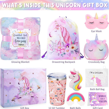 Unicorn Gifts for Girls 4-6 6-8, Birthday Easter Gifts Set for Girls Age 4 5 6 7 8 9+ Year Old Tween Teen Girl Trendy Stuff Kids Unicorn Toys with Glow in The Dark Blanket Purse for Daughter Niece