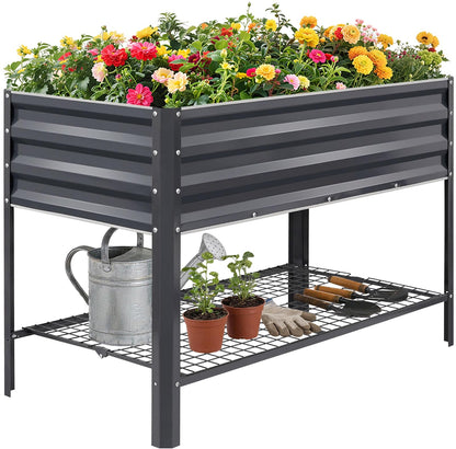 1MORE Elevated Raised Garden Bed with Legs & Storage Rack, 48×24×32in Large Metal Raised Bed for Backyard, Patio. Raised Planter Box with Drainage Holes for Plants Vegetables Flowers Fruits(Grey-1pcs)