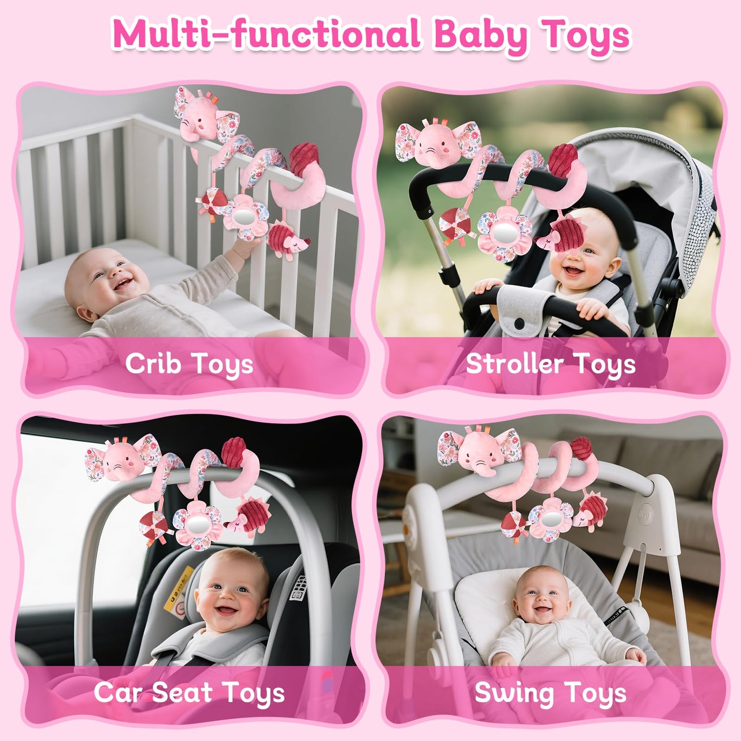 Hanging Car Seat Toys, Spiral Crib & Stroller Activity Toys with Rattles for Babies 0-6 Months, Baby Car Seat Accessories Toy for Developing Sensory & Motor Skills, Ideal Gift for Newborn Infant