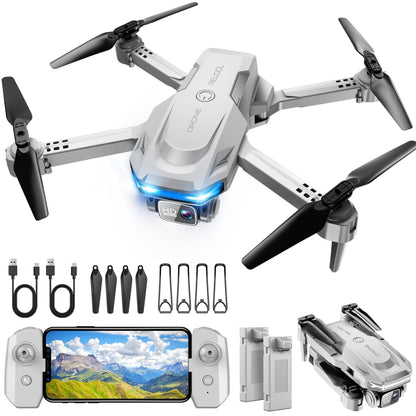 Drone with 1080P Camera - Foldable Remote Control Quadcopter with Gesture Control, 3D Flip, One Key Start, Emergency Stop, 2 Batteries, Easier to use, Toy for Adults Beginners, Grey