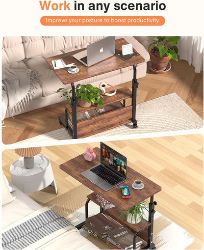 QZMDSM Portable Rolling Desk on Wheels Adjustable Height Desks for Small Spaces, 32" Computer Desk Drafting Tables with Storage Shelves for Home Office Rustic
