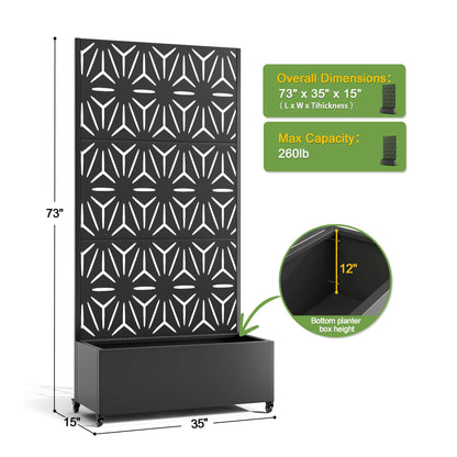FENCY Metal Raised Garden Bed with Wheels and Trellis,73"x35"x16" Planter Box for Climbing Plants, Vegetables & Vines, Features Privacy Screen and Drainage Holes (Black-Star)
