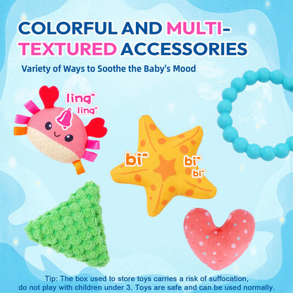 Jollybaby Activity Pull String Hanging Toy for Baby Stroller Car Seat Crib Play Gym, Plush Stuffed Ocean Whale Toy for Carseat with Teether Rattles, Montessori Sensory Toy for Baby Gift