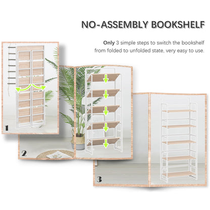 4NM No Assembly 5 Tiers Folding Bookshelf Storage Shelves Vintage Bookcase Standing Racks Study Organizer Home Office (Natural White)