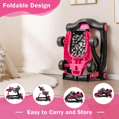 BABY JOY 4-in-1 Baby Walker, Foldable Activity Walker with Adjustable Height & Speed, Music, Lights, Anti-Rollover, Toddler Push Walker, Baby Walker with Wheels for Boys Girls 6-18 Months (Pink)