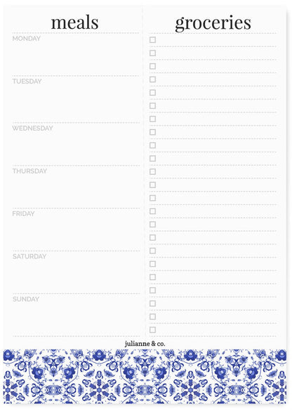 Weekly Magnetic Meal Planner Notepad By Julianne & Co - Food Planning Organizer And Grocery List Pad, 52 Premium A5 Pages, with Tear Away Perforated Shopping List (Blue China Print WITH Fridge Magnet)