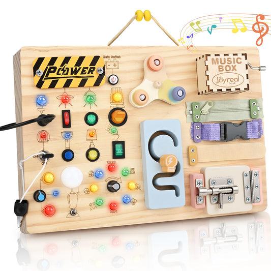 Joyreal Wooden Busy Board Montessori Toys for Toddlers, Sensory Activity Board with LED Lights, Music Box & Locks, Educational Learning Toy Gifts for Boys and Girls