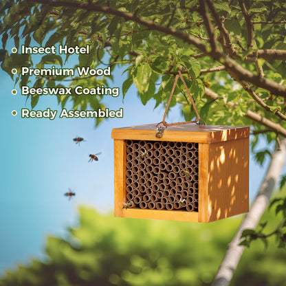 Mason Bee House - Wax Coated Bee Hotel for the Garden, Natural Handmade Wooden Insect Hotel, Mason Bee Home for Outdoors, Attracts Peaceful Bee Pollinators to Your Garden