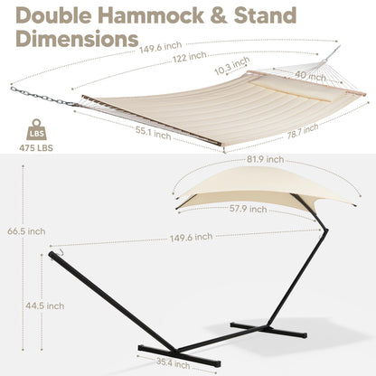 SUNCREAT Portable Outdoor Hammock with Stand, Sun-Protective Canopy, Double Hammock with Stand for Outside, Patent Pending, Beige