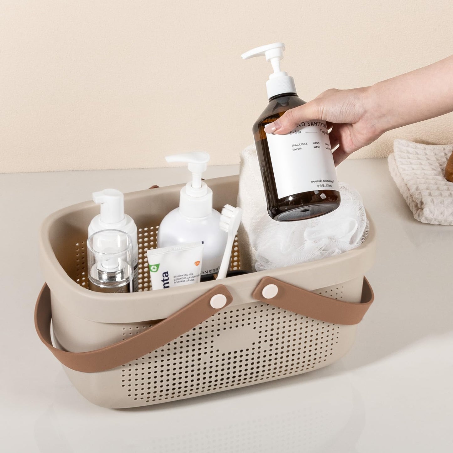 JiatuA Plastic Storage Basket with Handle Portable Shower Caddy Tote Organizer Basket Bin for Bathroom Kitchen Dorm Room Bedroom, Beige