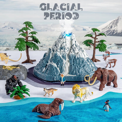 Prehistoric Animal Toys Set for Kids 3-5 Years, Safari Animals Figurines and Snowy Volcano Toy with Large Play Mat, Mammoth, Lion, Gorilla