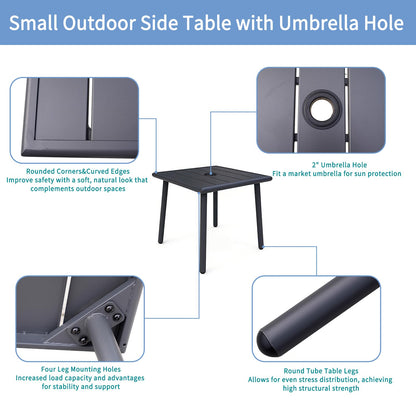 UFavo Home Small Metal Outdoor Side Table with Umbrella Hole Set of 2, Sqaure Patio Coffee Bistro Table End Table, Umbrella Table with Hole for Poolside Yard Porch Deck Balcony,19.7x19.7 inches, Black