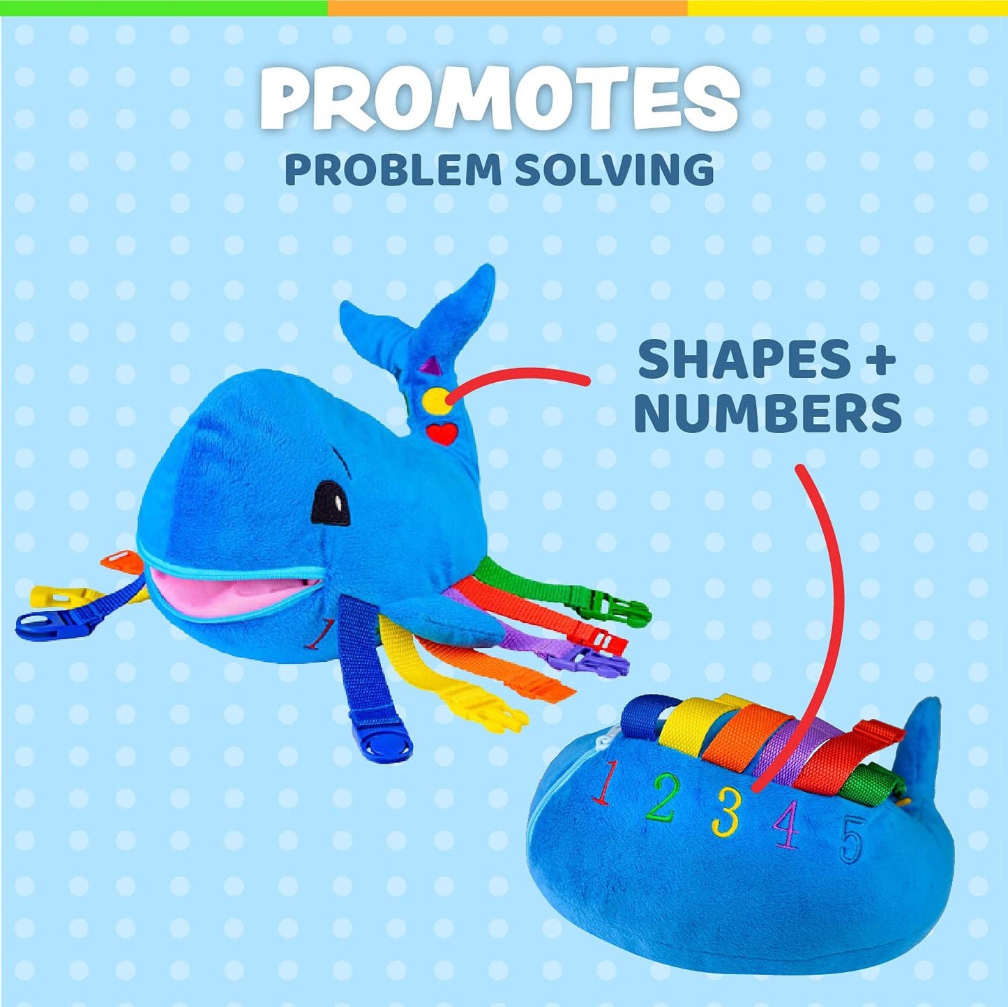 Buckle Toys - Blu Whale - Develop Motor Skills and Problem Solving - Counting and Color Recognition - Easy Travel Toy - Learning Material - Pre K Activity Stuffed Animal