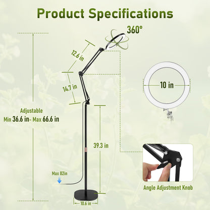 LETKEYS Floor Grow Lights for Indoor Plants, 10in Head Full Spectrum LED Plant Light with Stand, 10 Dimmable Levels & 3 Lighting Modes, Auto On Off Timer 3/9/12H, 36.6-66.6" Adjustable Height, Black