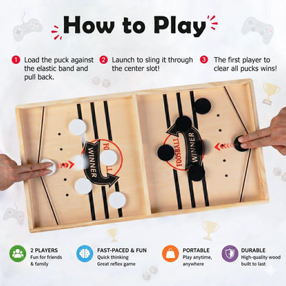 Fast Sling Puck Game, Wooden Air Hockey Board Game with 10 Spare Pucks & 2 Elastic Bands | 2 Player Table Fast-Paced Slingshot Games for Kids & Adults, Fun for Family Night or Friends Party