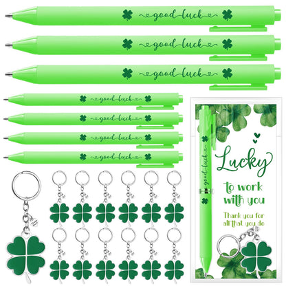 Fullhawl 12 Sets Shamrock Pen Gifts Bulk for Employee Good Luck Ballpoint Pens Clover Keychains with Thank You Cards for Teacher End of Year Team Staff Coworker Graduation