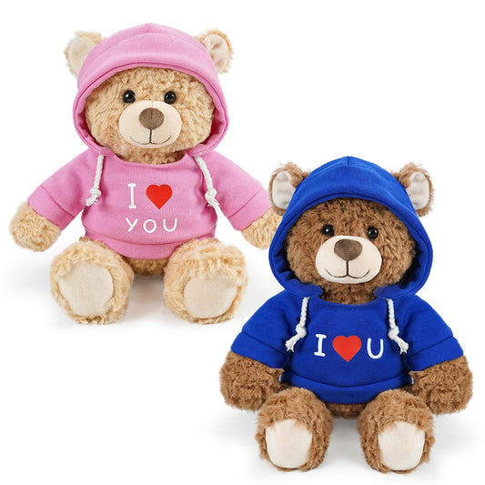 2 Pcs Love Teddy Bears for Women Plush Dolls 8.7 Inch Stuffed Bear Animal Set Gift for Mom Hoodie-Wearing Bear with I Love You Valentine’s Cozy Bear for Girlfriend Girls Kids Baby Gift (Pink + Blue)
