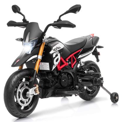 HONEY JOY Kids Motorcycle, 12V Aprilia Licensed Battery Powered Ride on Motorcycle w/Training Wheels, Headlight & Music, Foot Pedal, Spring Suspension, Electric Motorcycle for Boys Girls 2-8 (Black)