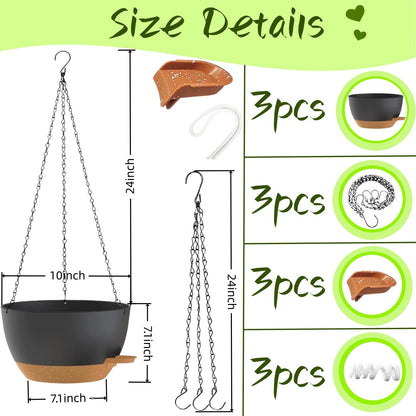 TESSTSY 3 Pack Hanging Planters for Indoor Outdoor Plants, 10 Inch Self Watering Hanging Pots for Plants, Plastic Hanging Flower Baskets for Plants Hanger with Drainage and Tray, Chain (Black Brown)