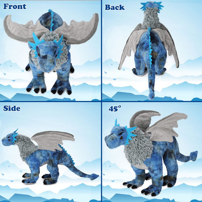 AULUDA Dragon Plush Toy, Frost Wyrm Stuffed Animal Throw Plushie Pillow Doll, Soft Blue Fluffy Friend Hugging Cushion - Present for Every Age & Occasion