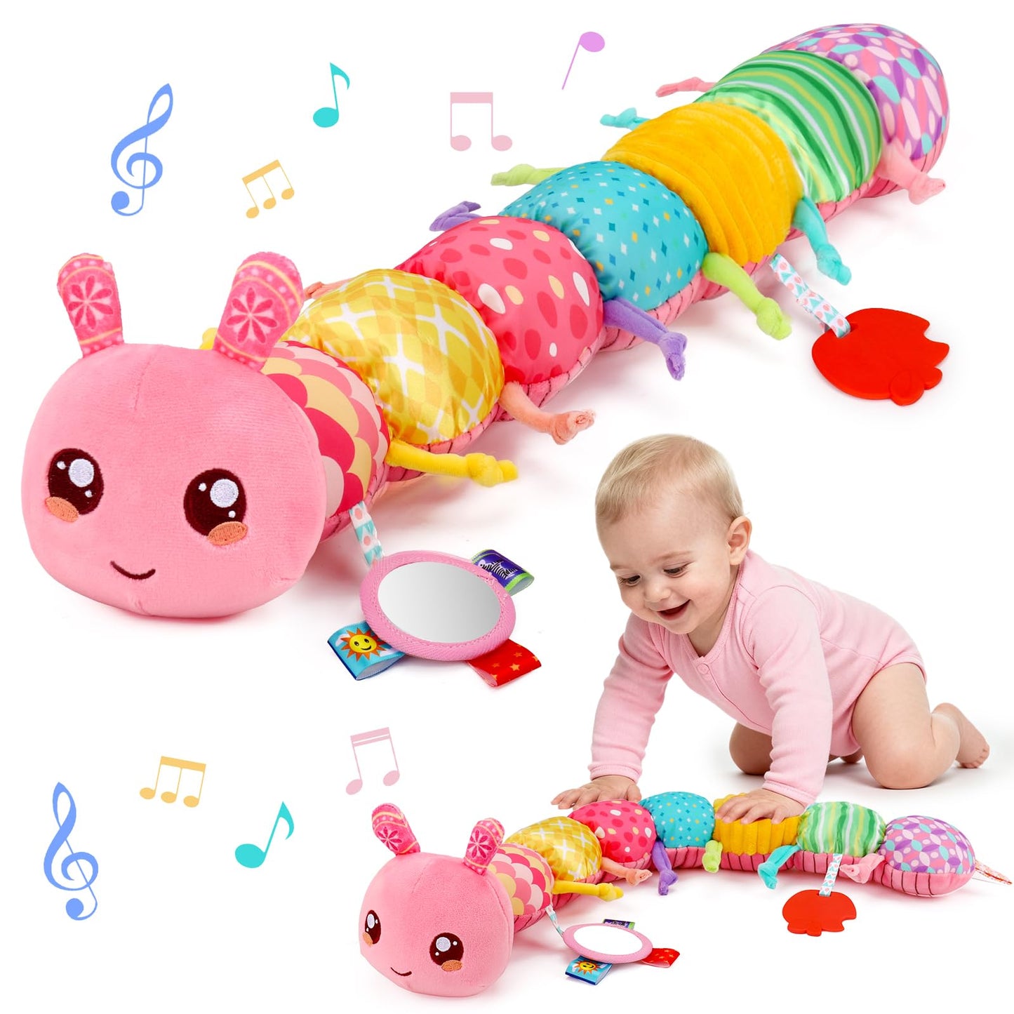 Baby Girls Toys 0-6 Month Music Animal Stuffed Caterpillar Toy for Infant 0-3 3-6 Months Mirror Crinkle Rattle Tummy Time Sensory Toys for 3 4 5 6-12 Month Old Newborn Baby Shower Easter Gifts