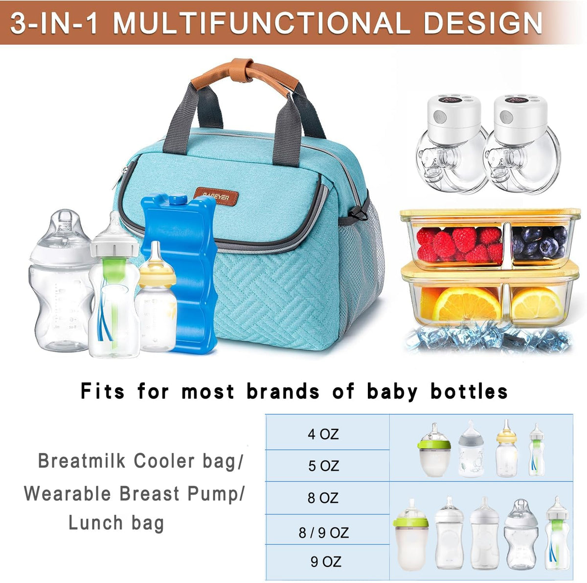 BABEYER Breastmilk Cooler Bag with Ice Pack Fits 6 Baby Bottles up to 9 Ounce, Wearable Breast Pumps Cooler Bag for Nursing Mom Daycare, Work, Travel- Aqua