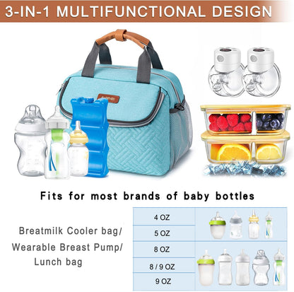 BABEYER Breastmilk Cooler Bag with Ice Pack Fits 6 Baby Bottles up to 9 Ounce, Wearable Breast Pumps Cooler Bag for Nursing Mom Daycare, Work, Travel- Aqua