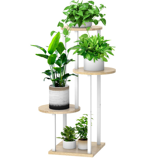YOCOMEY 4 Tier Wood Tall Plant Stand Metal Rack Indoor, Multiple Flower Pot Holder Shelves Corner Rack, Round Planter Shelf Display Rack Storage Organizer for Patio Living Room Balcony(White+Oak)