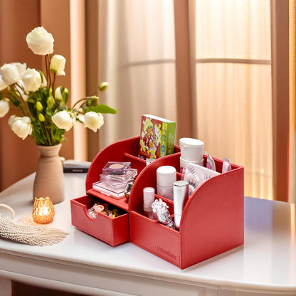 UnionBasic Desk Organizer - Multifunctional Leather Desktop Pen Holder Storage Box - Business Card/Pen/Pencil/Mobile Phone/Stationery Holder, Red