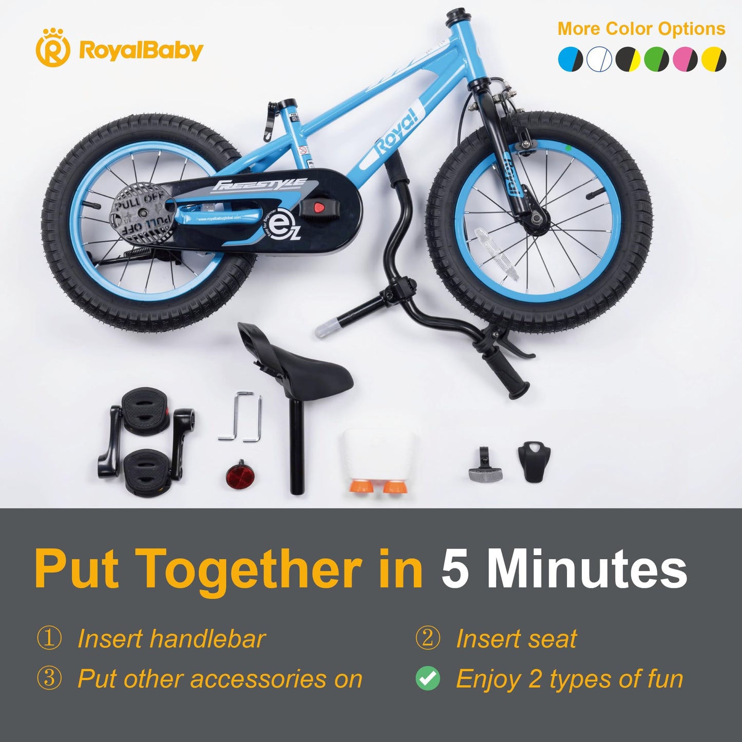 RoyalBaby EZ Kids Bike, 14 Inch Balance Pedal Convertable Bicycle, Easy Learn Balancing to Biking Boys Girls Ages 3-5 Years Beginners, 14" Wheel Pink