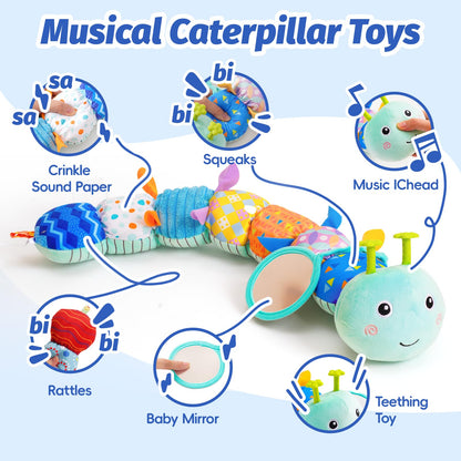 Baby Toys 0-6 Month, Musical Caterpillar Rattle, Infants Sensory Toy with Mirror Crinkle Textures, Newborn Developmental Tummy Time Stuffed Plush Animal toys for Babies Boys Girls 3-6-12 Months (Blue)