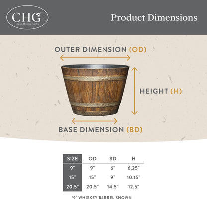 Classic Home & Garden Whiskey Barrel Planters - Wood Finish Flower Planter Pot - Decorative Garden Pots - Indoor & Outdoor Resin Planters - Weather-Resistant Planting Pots (9" Walnut Brown, Pack of 1)